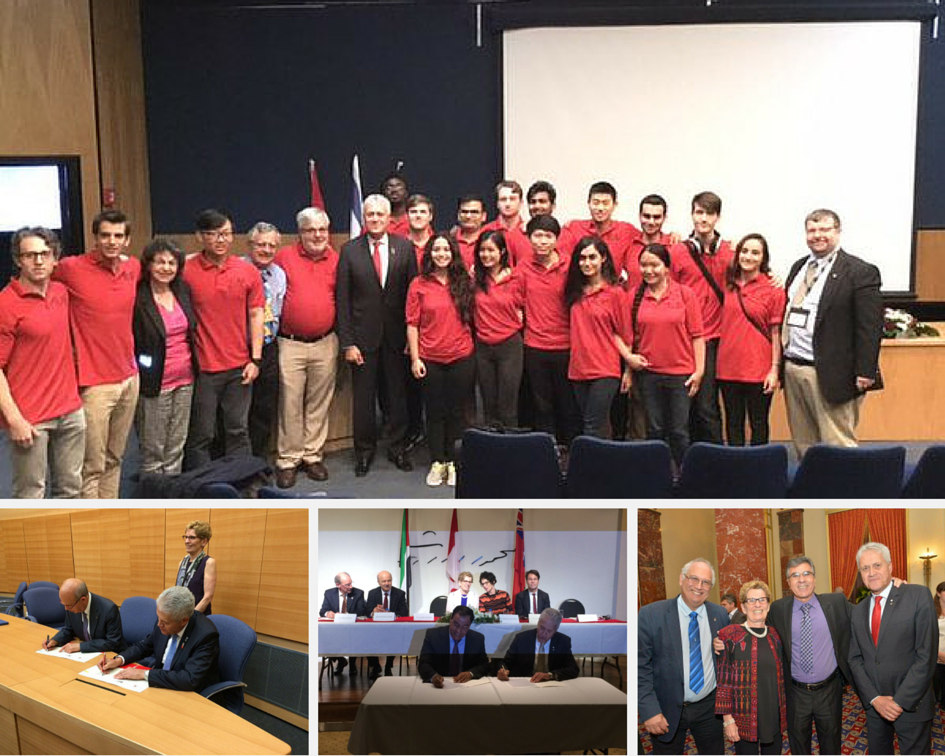 York University students at Technion-Israel Institute of Technology (top); signing our agreement with Tel Aviv University (bottom left); signing an agreement with the Daughters for Life Foundation creator and York honorary degree recipient Dr. Abuelaish (bottom centre); taking a photo with the Premier at the Daughters for Life agreement signing (bottom right).