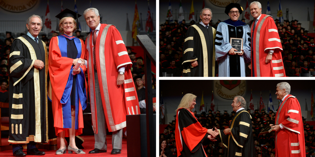 Dr. Eileen Fischer (left), Dr. Darren Gobert (top right), and Dr. Maria Figueredo (bottom right) are recognized at Convocation.